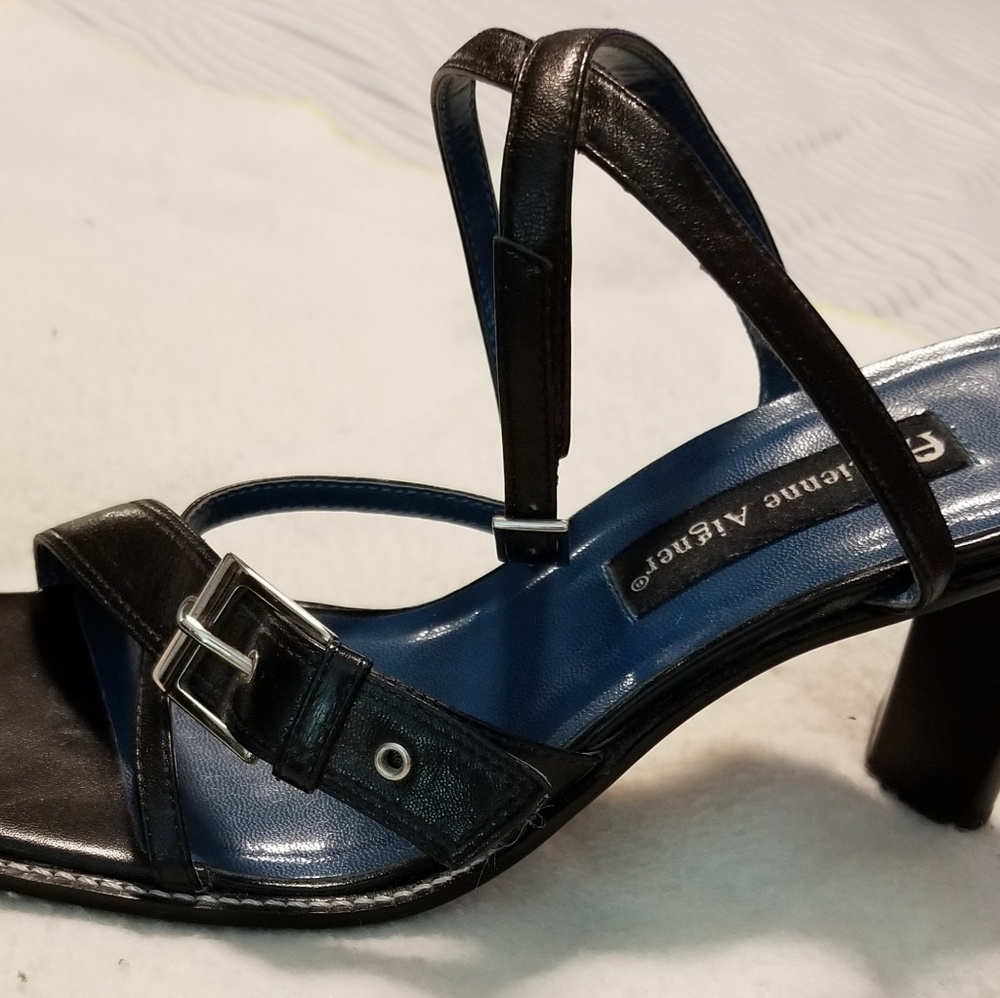 Etienne Aigner Black Strappy Leather Heels - Picture 2 of 4